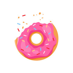 Bitten glazed donut while eating, doughnut with glaze and candy decoration vector illustration