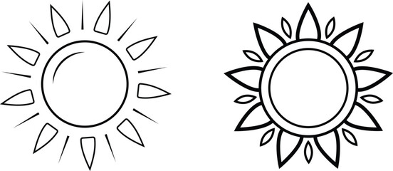 Hand-Drawn Sun Icon with Rays: Outline Silhouette Vector Design 