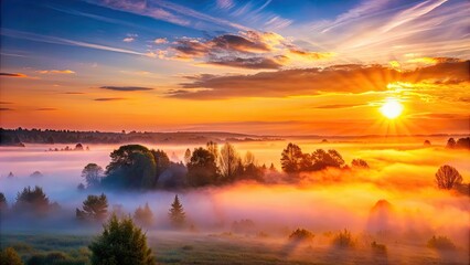 Obraz premium Vibrant sunrise with a light mist , sunrise, morning, fog, mist, orange sky, serene, tranquil, nature, beauty, peaceful