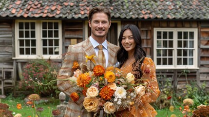 Fototapeta premium Rustic wedding portrait of a couple with a floral arrangement