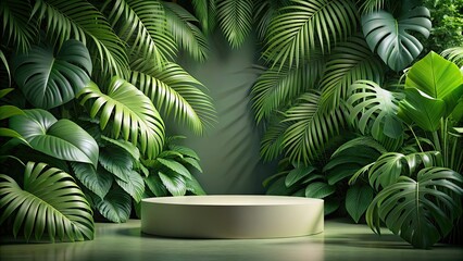 Obraz premium Elegant Render Podium with Lush Tropical Leaves Background, Green Platform Perfect for Product Presentation