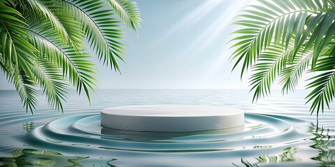 Fototapeta premium Empty round pedestal with water waves and palm leaves, perfect for summer cosmetic products, podium, pedestal, water