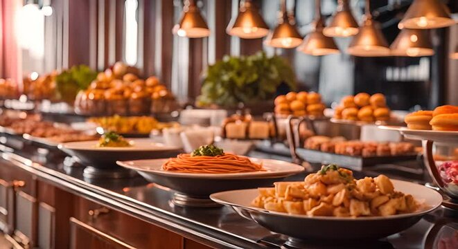 Food buffet in a hotel.