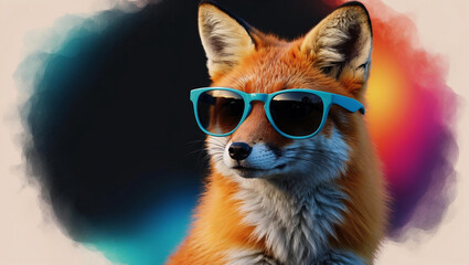 Synthwave fox with cool expression wears sunglasses in colorful digital painting, against background of soft, abstract shapes and vibrant colors