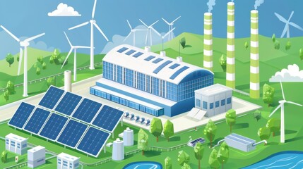 Renewable energy plant with solar panels and wind turbines. Use a palette of sustainable greens, eco-friendly blues, and clean energy whites.