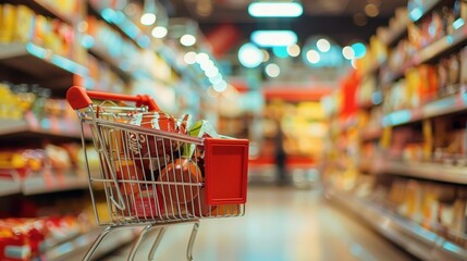 Shopping Cart in Supermarket Aisle