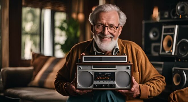 Senior man with an old radio set.