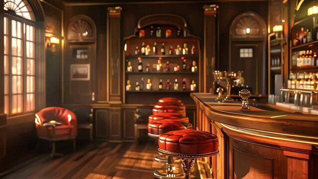 The bar at the olde english pub, A dark bar with a bar in the middle and a row of stools on the right, Bar With Chairs And Shelves Background