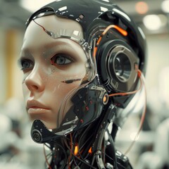 Futuristic Cybernetic Android Portrait, blending human and robotic features, hyperrealistic 4K photo.
