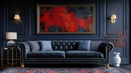 Black leather sofa in a modern room with dark walls