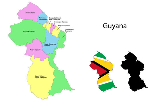 Guyana administrative divisions. Guyana flag and map illustration vector. Districts of Guyana