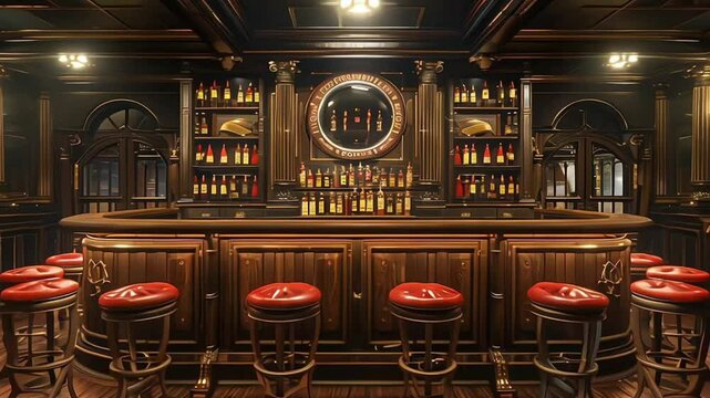 The bar at the olde english pub, A dark bar with a bar in the middle and a row of stools on the right, Bar With Chairs And Shelves Background