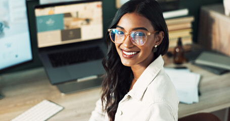 Woman, glasses and deadline of business, portrait and smile for story, journalist and computer on...