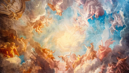 Painted ceiling with the image of angels in heaven
