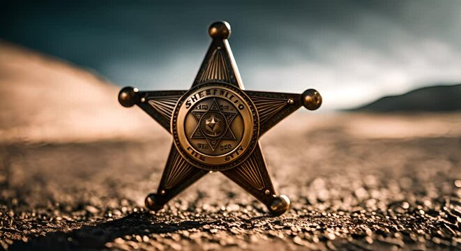 Close up of the sheriff's star. Sheriff's badge.
