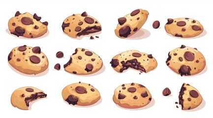 Fototapeta premium National Chocolate Chip Cookie Day. Set of vector illustrations of cookies with chocolate chips and broken pieces in the cartoon style against a white background