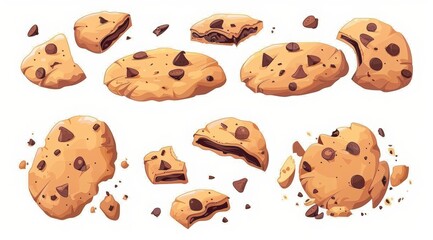 National Chocolate Chip Cookie Day. Set of vector illustrations of cookies with chocolate chips and broken pieces in the cartoon style against a white background