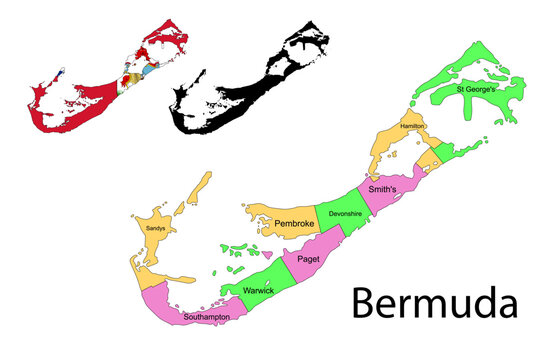 Bermuda administrative divisions. Bermuda flag and map illustration vector. Districts of Bermuda 