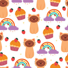seamless pattern cartoon cat with cupcake and sky element. cute animal wallpaper for textile, gift wrap paper