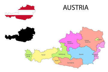 Obraz premium Austria administrative divisions. Austria flag and map illustration vector. Districts of Austria 