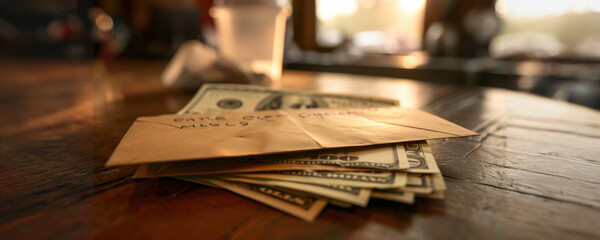 Brown envelope with money on wooden table during the day