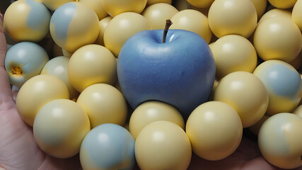 A blue apple with weird yellow balls inside