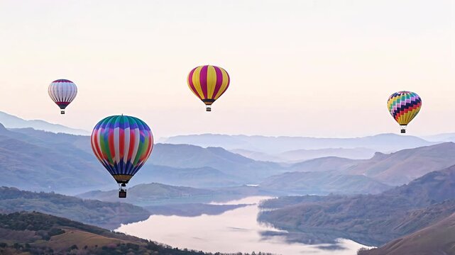Colorful hot air balloon flying over green valley with mountain background at sunrise, bucket list lifestyle concept	