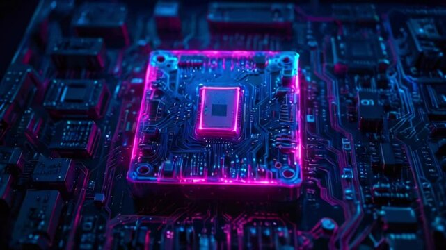 A close up of a computer processor with blue and purple lighting.