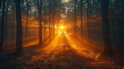 Obraz premium Golden Rays of Dawn in a Mystical Forest