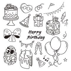Hand drawn Happy birthday doodle set with fireworks, cake, candles, air balloon, flags and confetti