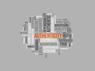 Authenticity wordcloud template. Business concept vector background.