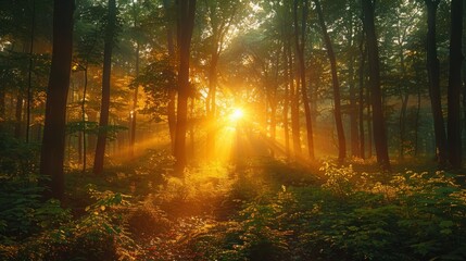 Obraz premium Golden Rays in a Misty Forest