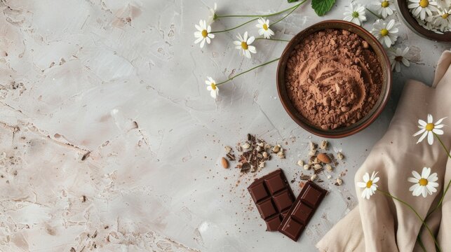 Chocolate Powder and Ingredients on Marble Surface