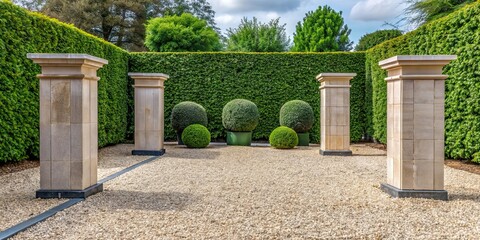 Naklejka premium Minimalist front garden with stone pillars, hedge, trimmed bush in gravel bed, view from public ground, modern