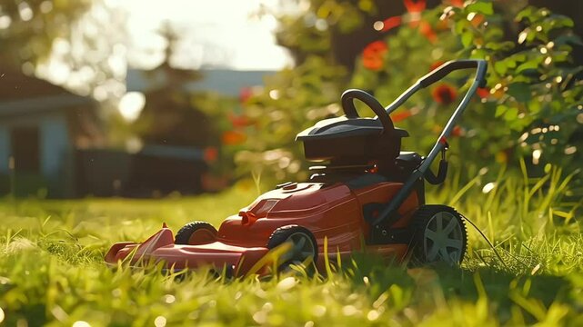 yard with nice landscaping and lawn mower on green grass