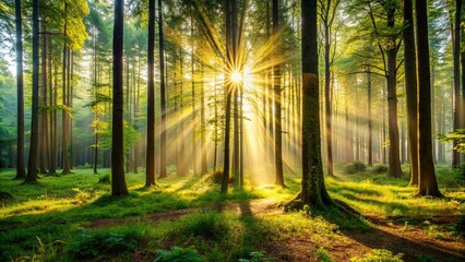 Fototapeta premium Morning light filtering through the trees in a peaceful forest setting, forest, morning, trees, nature, sunlight, serene