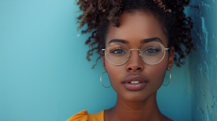 A young mixed-race woman stands confidently against a soft, light blue background, embodying chic and sophistication with her sleek glasses and modern attire.