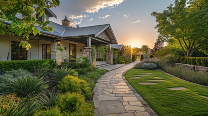 Elegant suburban farmhouse with a stone pathway leading to a covered entrance and manicured gardens