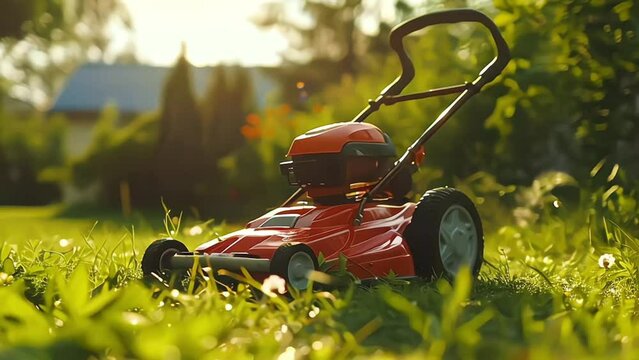yard with nice landscaping and lawn mower on green grass