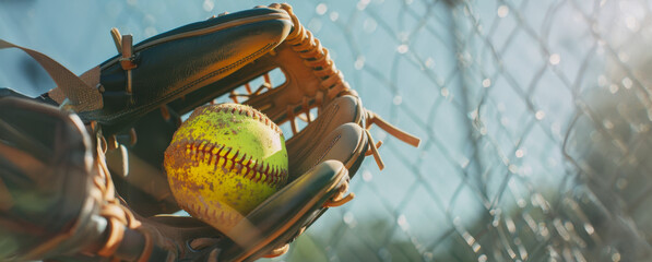 Close up of softball glove holding ball on field during game