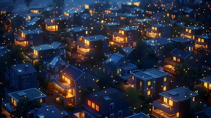 Naklejka premium A constellation of homes alight with the glow of screens, where workers roam the digital landscape from the comfort of their abodes, their footsteps leaving behind trails of reduced emissions and smil