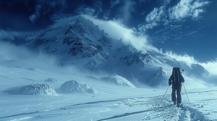 A lone skier traverses a snow-covered landscape, dwarfed by the imposing presence of a towering mountain.