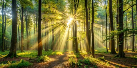 Obraz premium Eternal divine light shining through branches in a forest, spiritual, enlightenment, universal, presence, glow