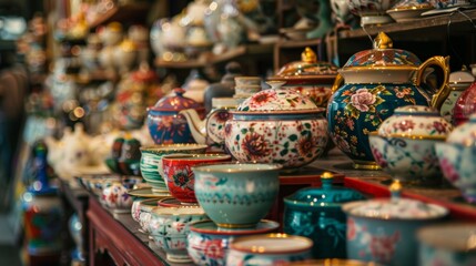 Fototapeta premium Colorful Chinese Porcelain on Display in Antique Store