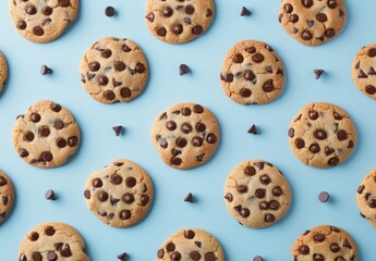 National Chocolate Chip Cookie Day. A pattern of chocolate chip cookies on light blue background, top view. 