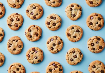 National Chocolate Chip Cookie Day. A pattern of chocolate chip cookies on light blue background, top view. 