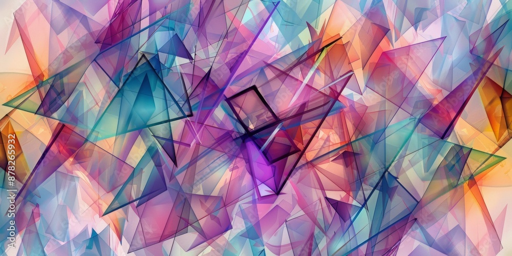 Poster abstract triangles, in the style of line art, transparency, multi color
