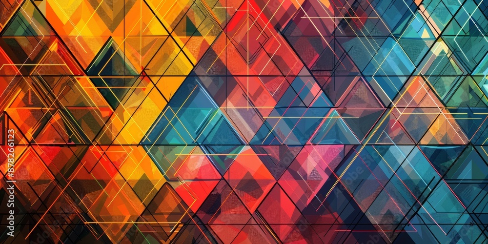 Poster abstract triangles, in the style of line art, transparency, multi color