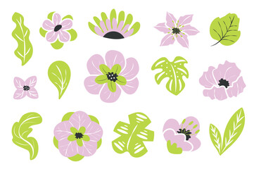 Set of flowers in flat cartoon design. This illustration features a collection of leaves and flowers in a simple modern style with bright green and pink colors. Vector illustration.