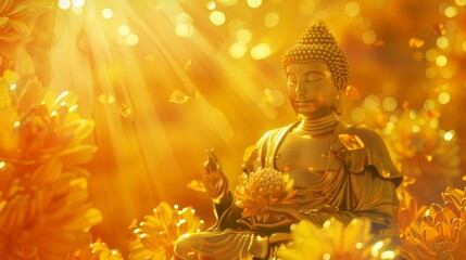 Golden buddha sitting on a golden blossom